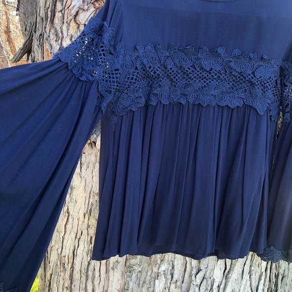 Lumie Brand Empire Rich Blue Blouse Swing Top Lace Embroidery Neiman Marcus Sz M - Picture 8 of 14